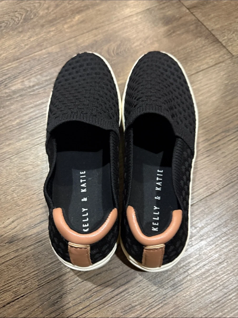 Kelly & Katie Black Knit Slip-On Sneakers with Tan Heel Tab